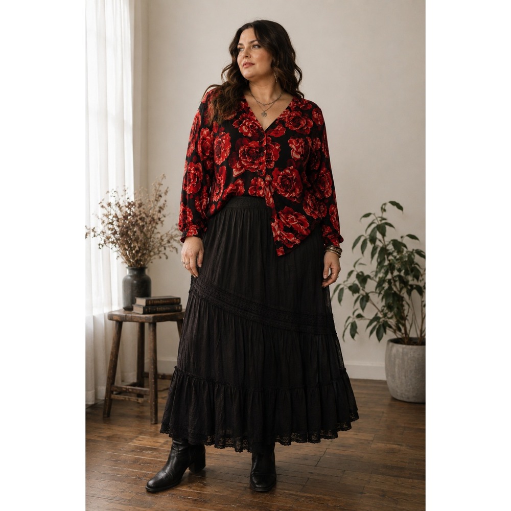 Boho Whimsigoth Red Roses FloralMesh Ruched Stretchy Button Down V-Neck 20W Top